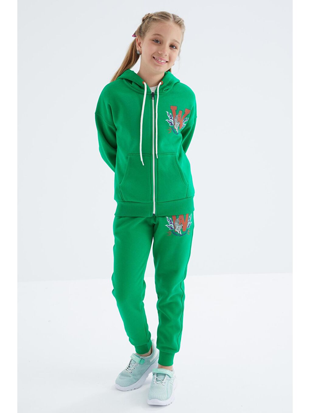 Yeşil Sırt Desen Detaylı Kapüşonlu Oversize Kız Çocuk Eşofman Takım - 75100-2