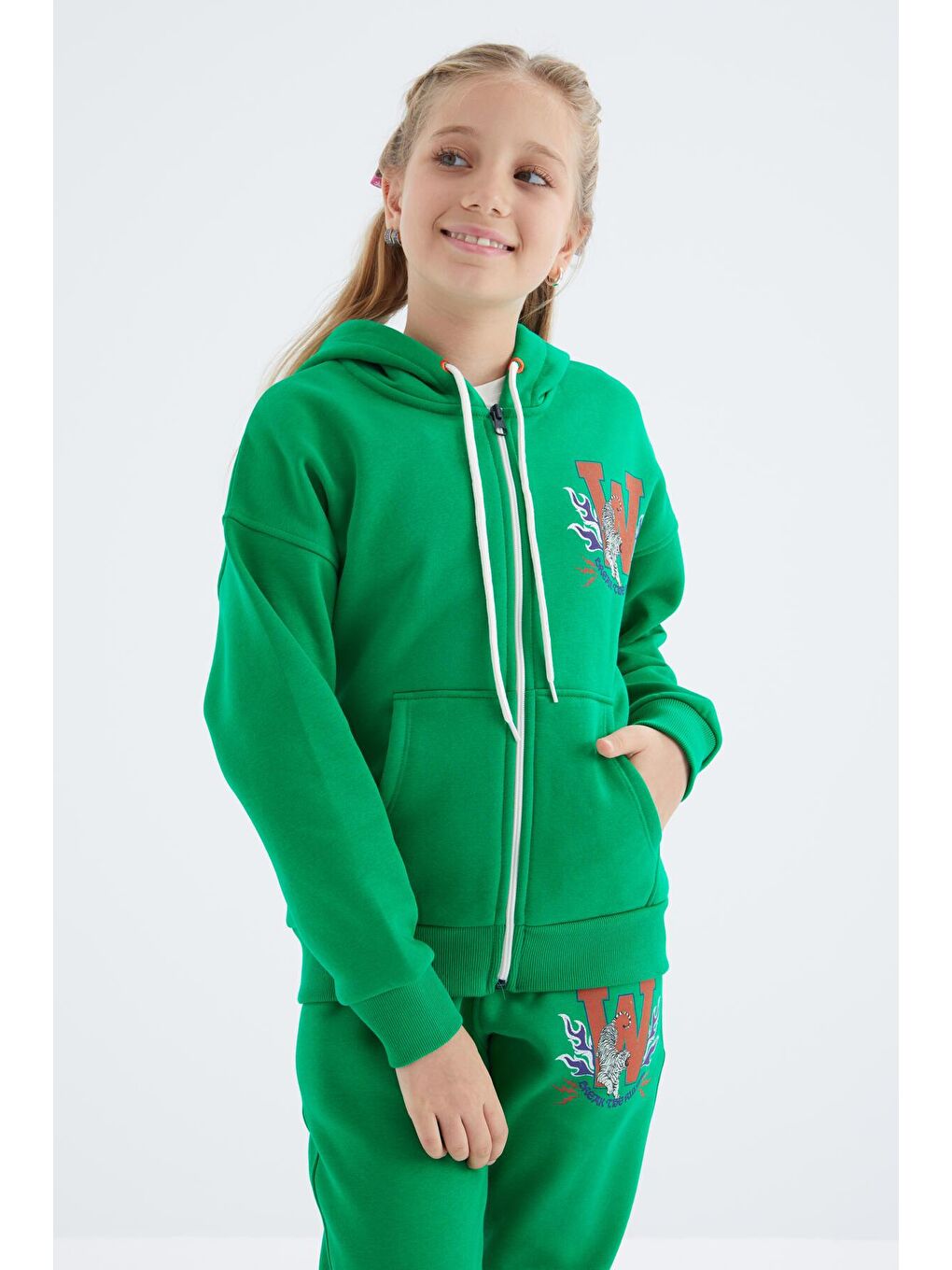Yeşil Sırt Desen Detaylı Kapüşonlu Oversize Kız Çocuk Eşofman Takım - 75100-3