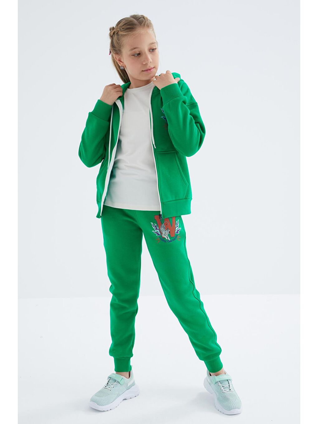 Yeşil Sırt Desen Detaylı Kapüşonlu Oversize Kız Çocuk Eşofman Takım - 75100-4