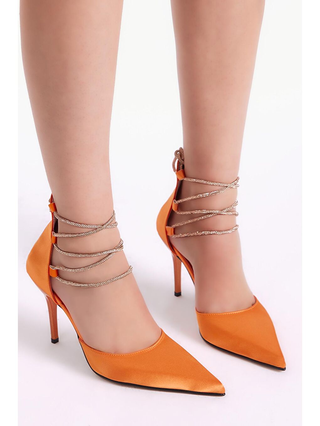 Turuncu Kadın Oranj Gecce Serisi Arkası Fermuarlı Taş Bağcıklı Topuklu Ayakkabı-1