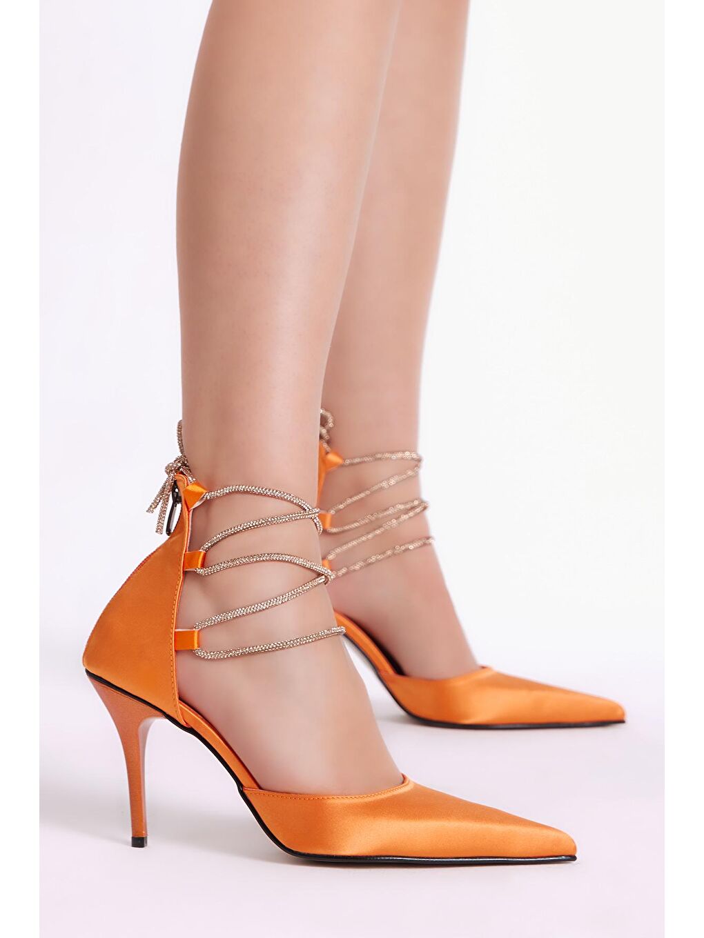 Turuncu Kadın Oranj Gecce Serisi Arkası Fermuarlı Taş Bağcıklı Topuklu Ayakkabı-2