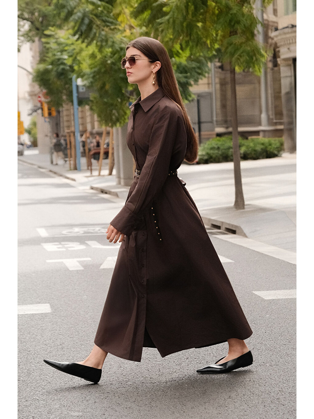 Kahverengi Pile Detaylı Gömlek Elbise Çikolata-1