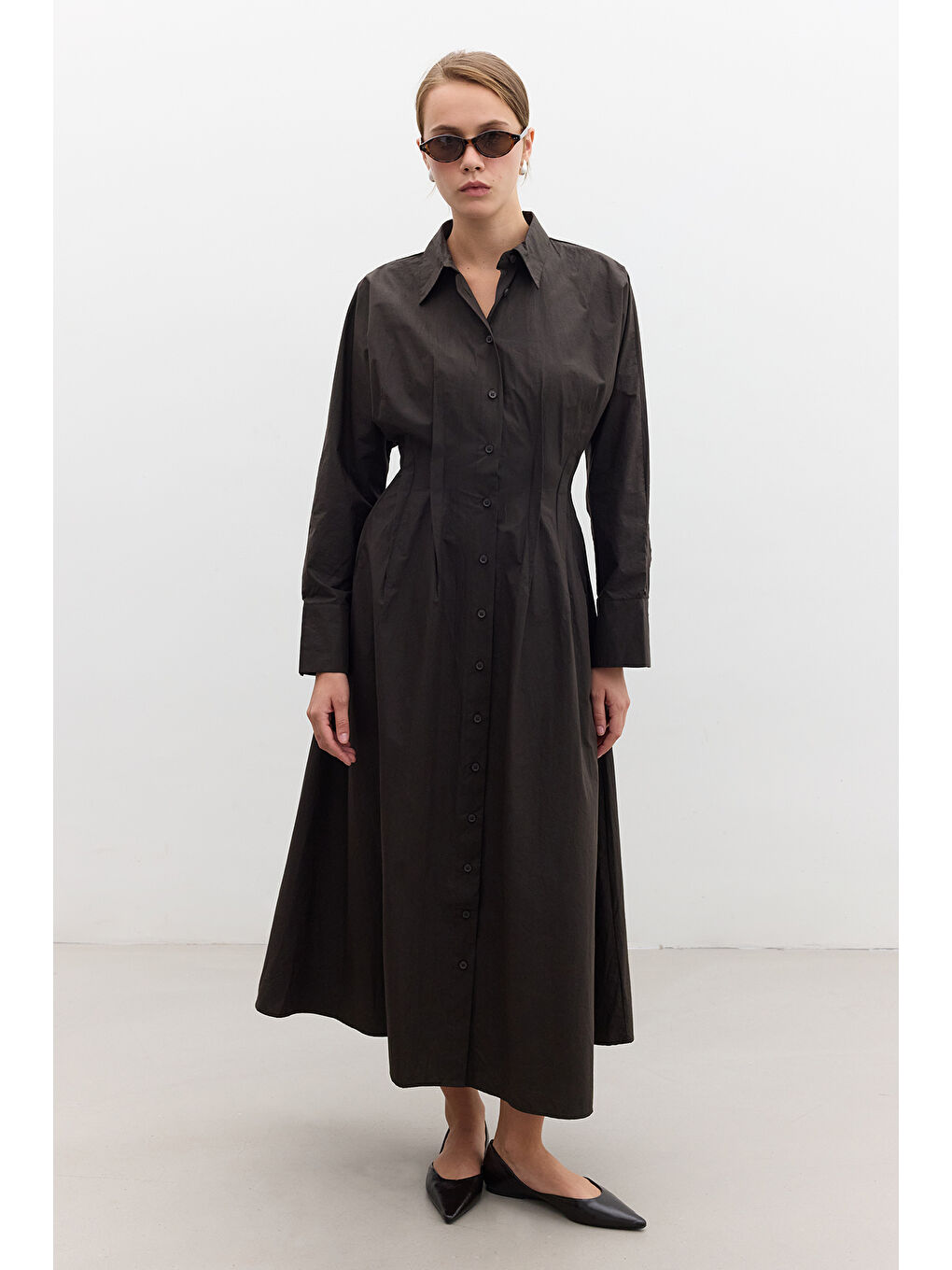 Kahverengi Pile Detaylı Gömlek Elbise Çikolata-2