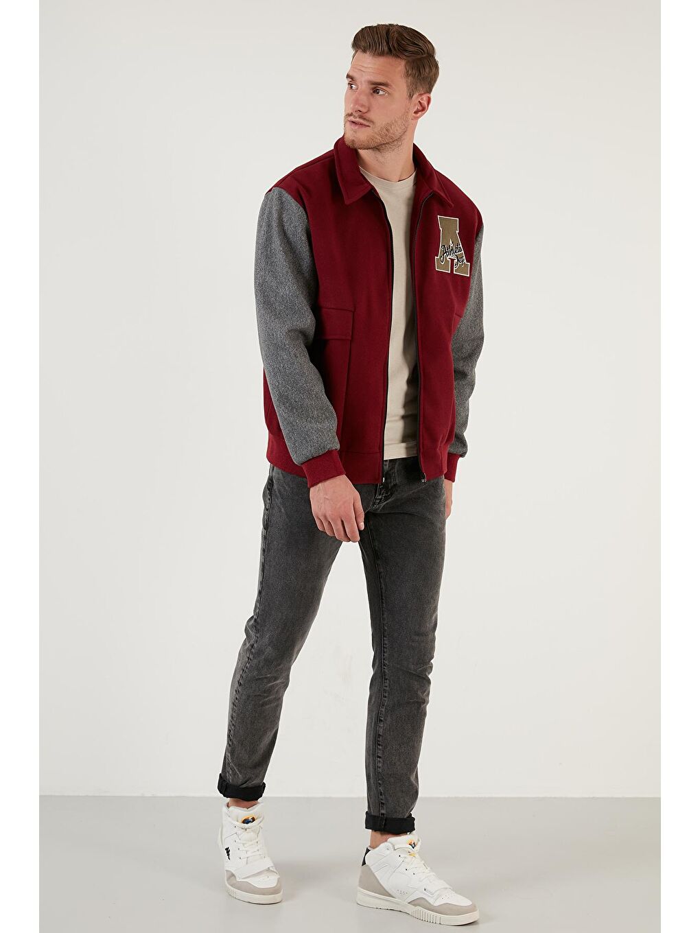 Buratti Bordo Armalı Fermuarlı Regular Fit Bomber Erkek Mont 5715896 - 3