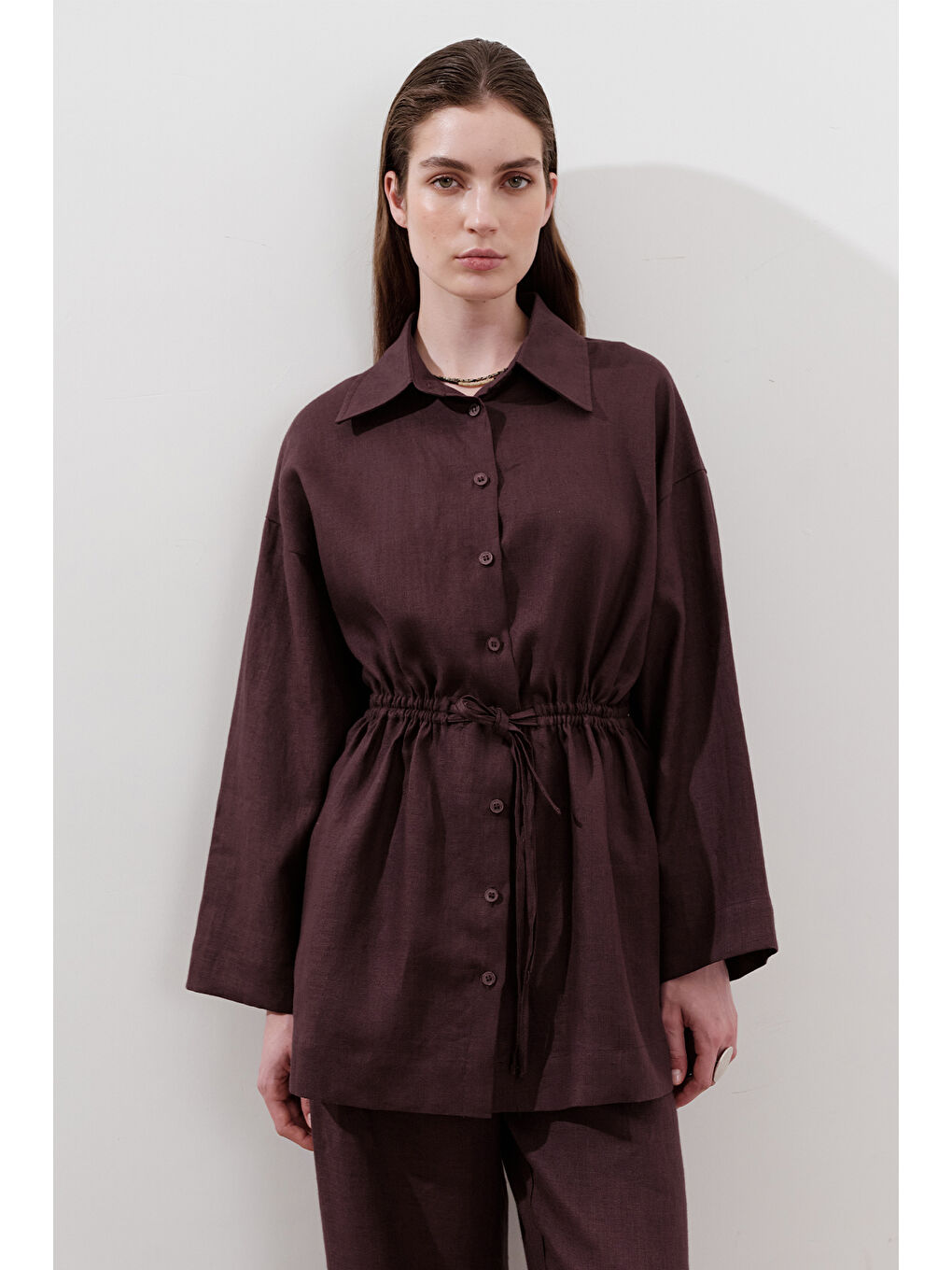 Keten Beli Bağlamalı Tunik Mürdüm