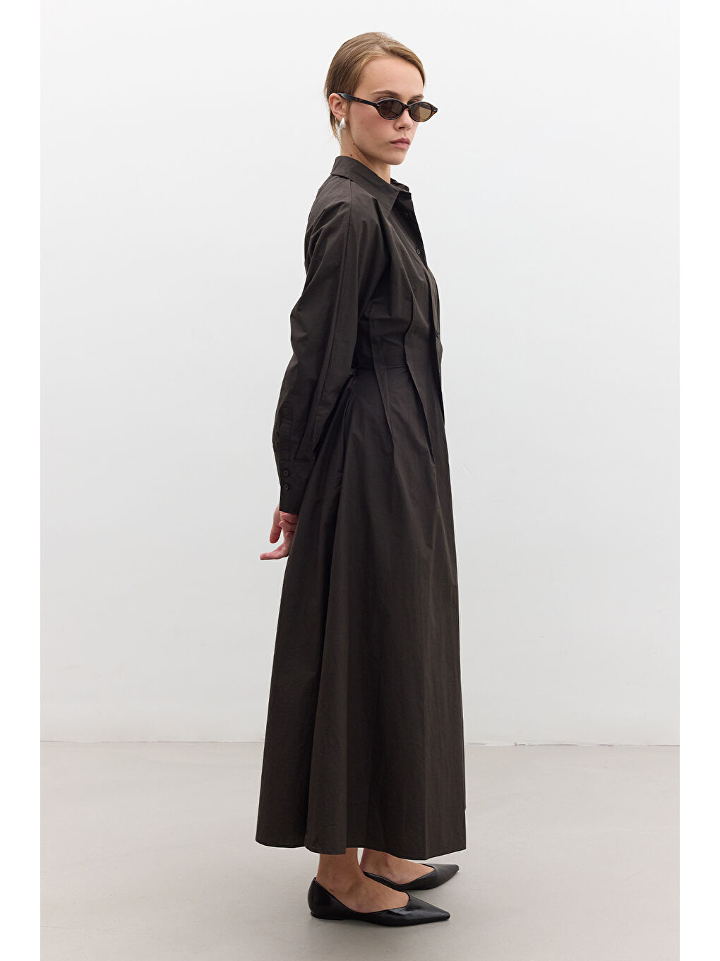 Kahverengi Pile Detaylı Gömlek Elbise Çikolata-3