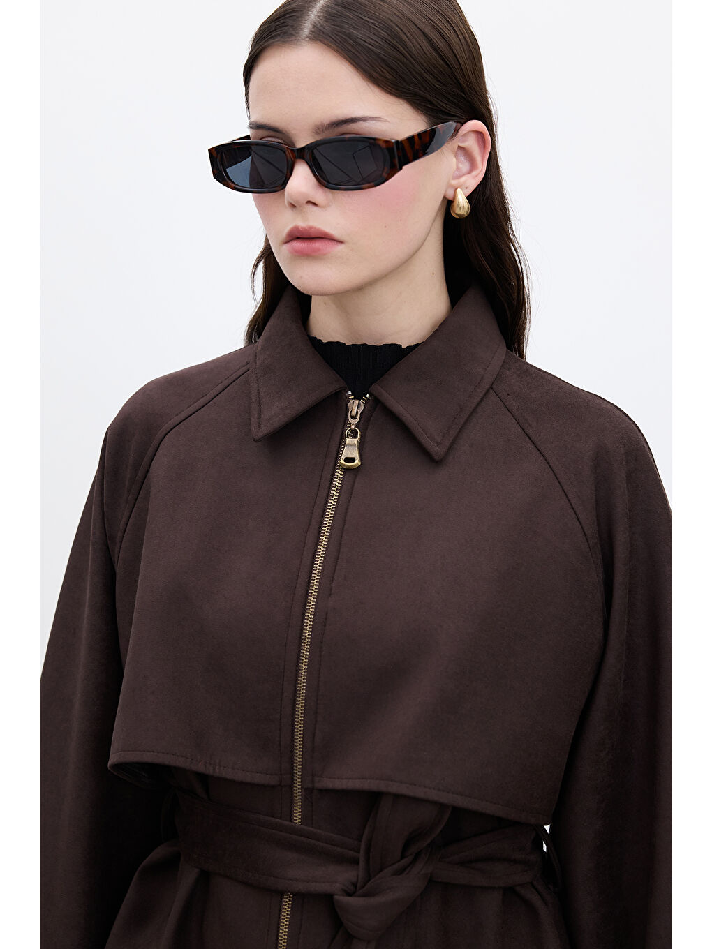 Süet Trench Tarz Ceket Kahverengi-3