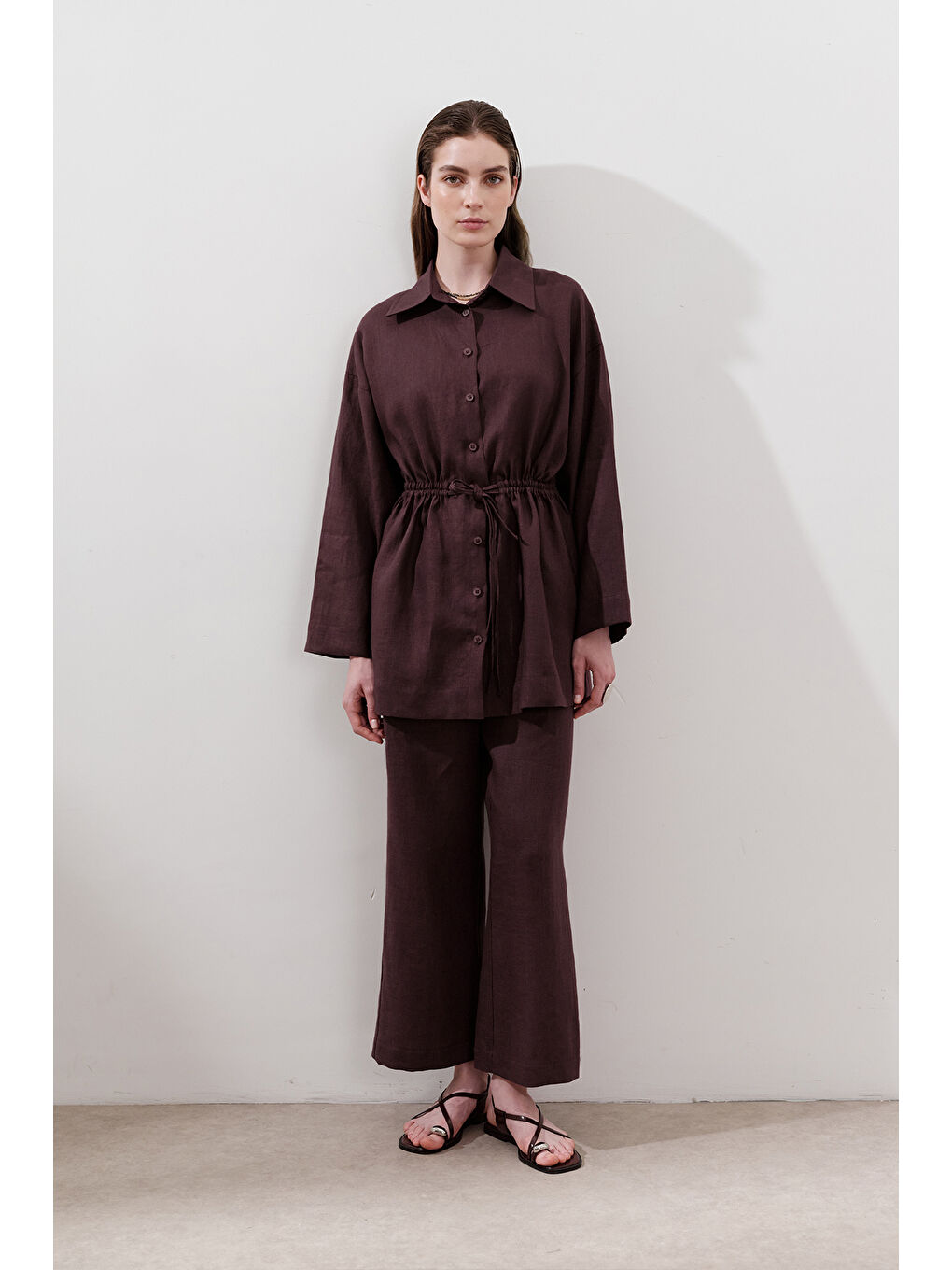 Keten Beli Bağlamalı Tunik Mürdüm-1