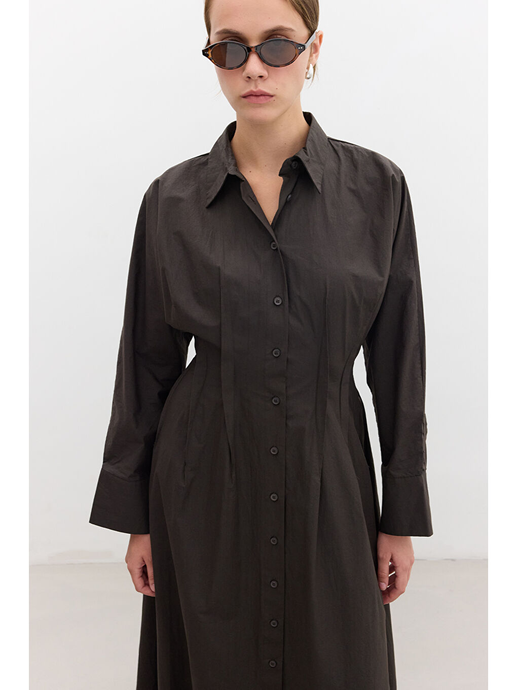 Kahverengi Pile Detaylı Gömlek Elbise Çikolata-4