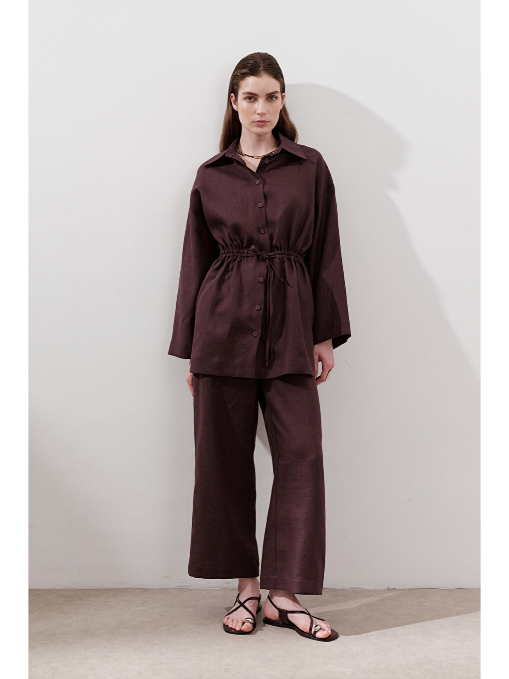 Keten Beli Bağlamalı Tunik Mürdüm-2