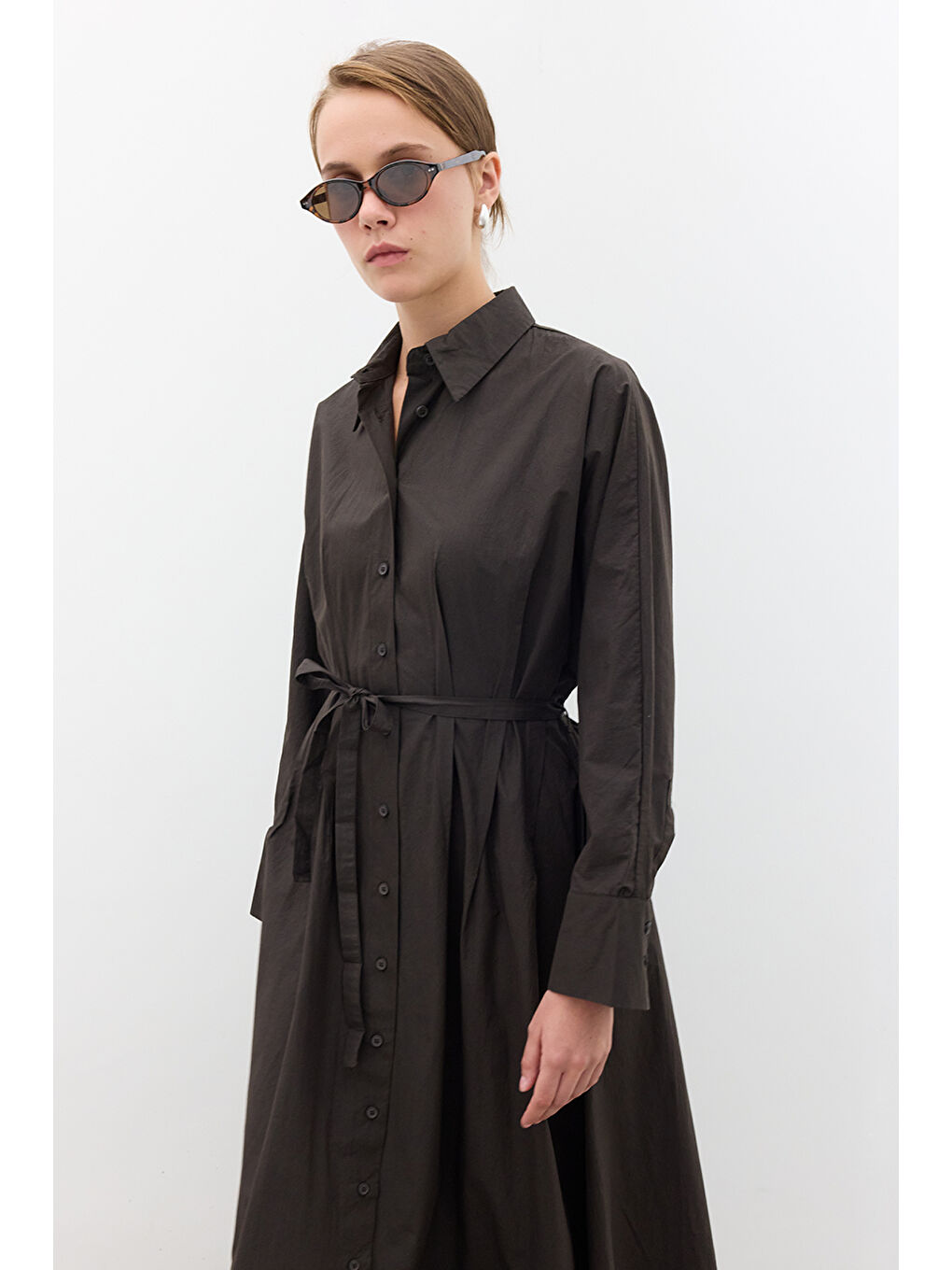 Kahverengi Pile Detaylı Gömlek Elbise Çikolata-5