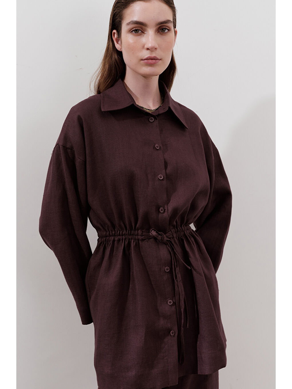 Keten Beli Bağlamalı Tunik Mürdüm-3