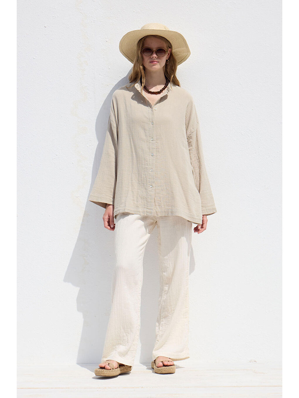 Bej Geniş Kol Müslin Gömlek Kum-5