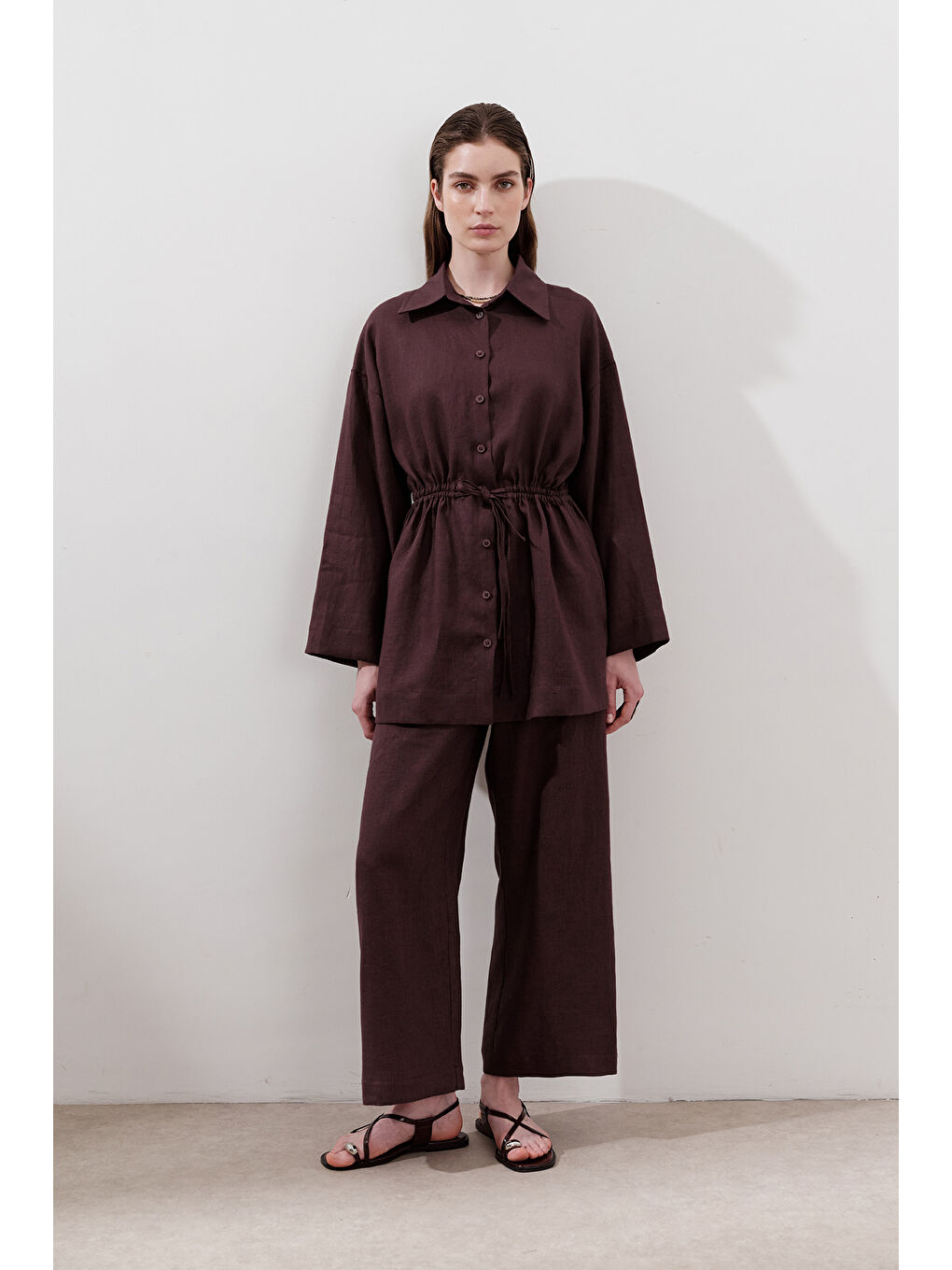 Keten Beli Bağlamalı Tunik Mürdüm-4