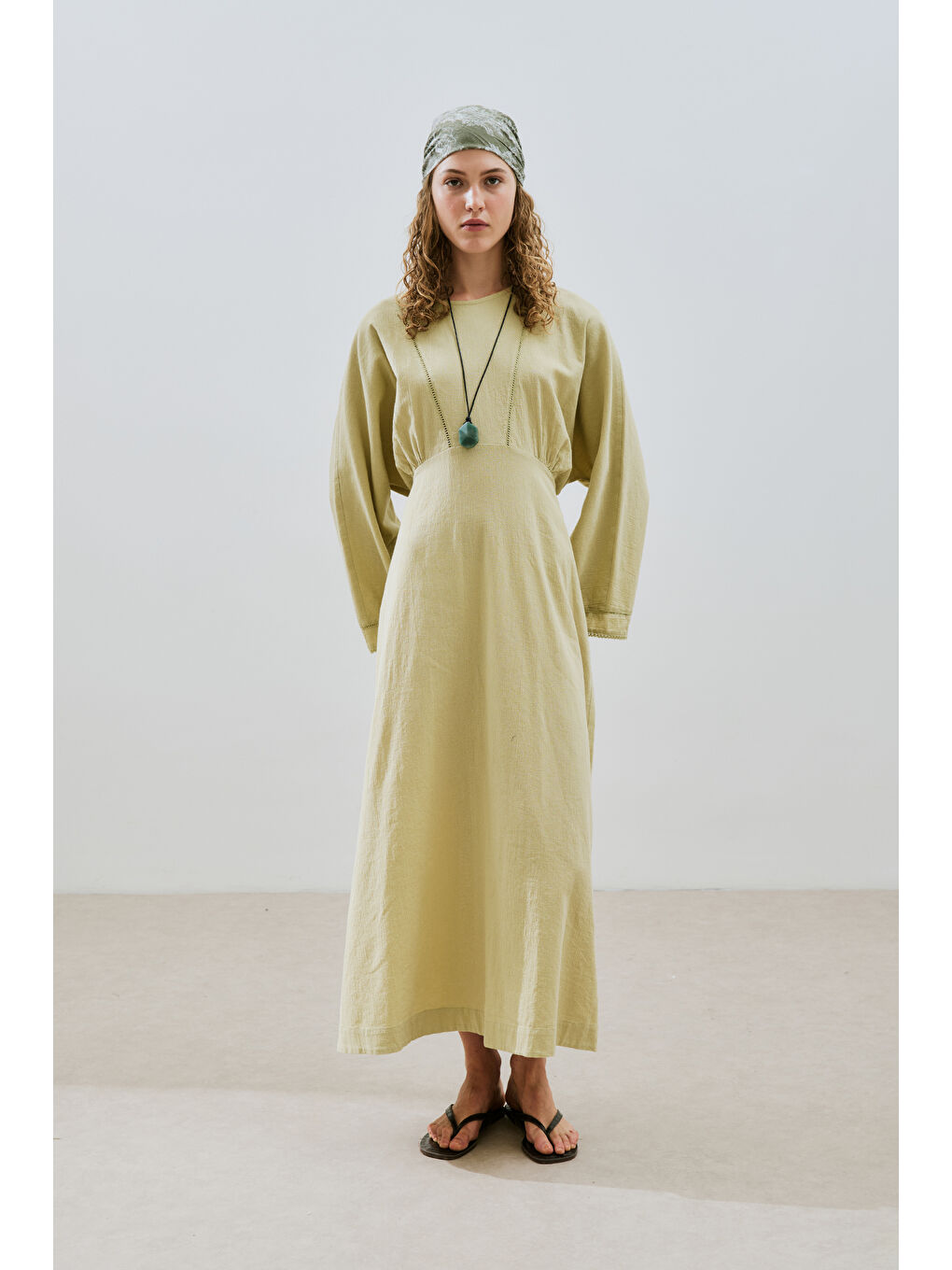 Dokulu Şerit Detaylı Elbise Soft Yeşil-1