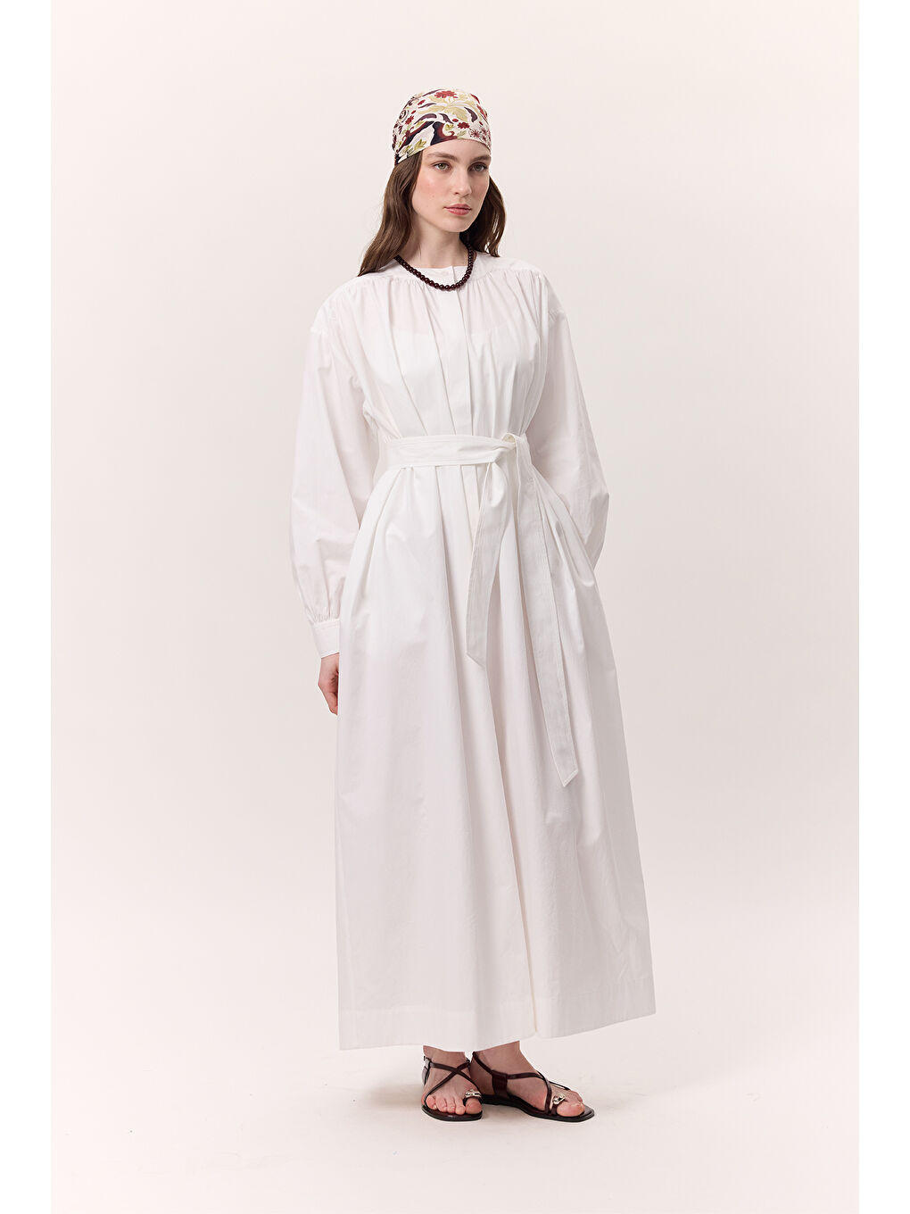 Büzgü Detaylı Geniş Gömlek Elbise Ekru-1