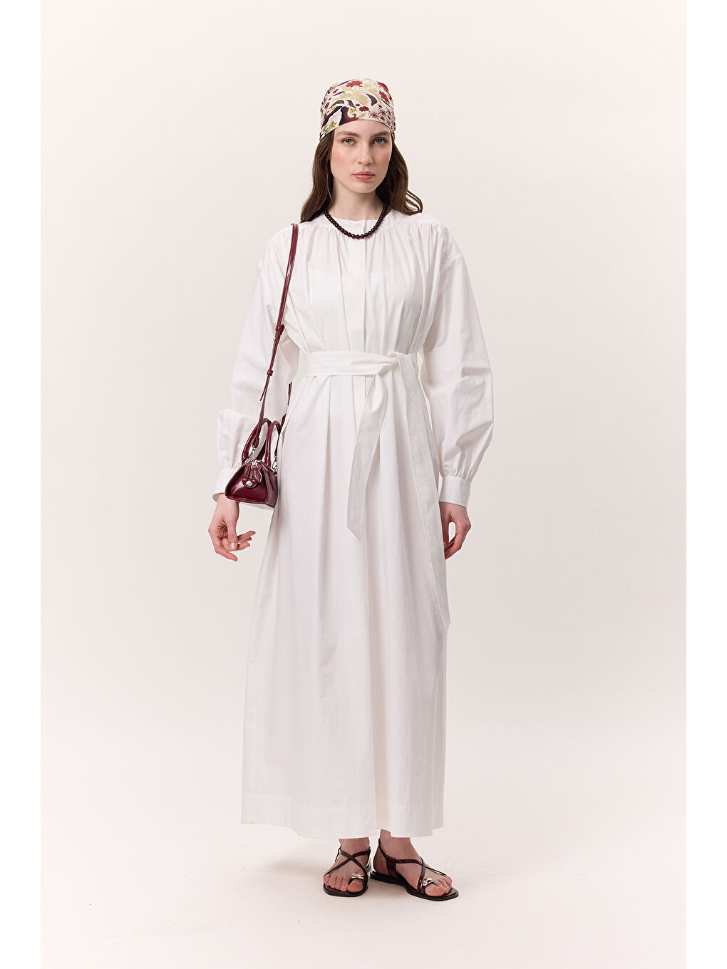 Büzgü Detaylı Geniş Gömlek Elbise Ekru-2