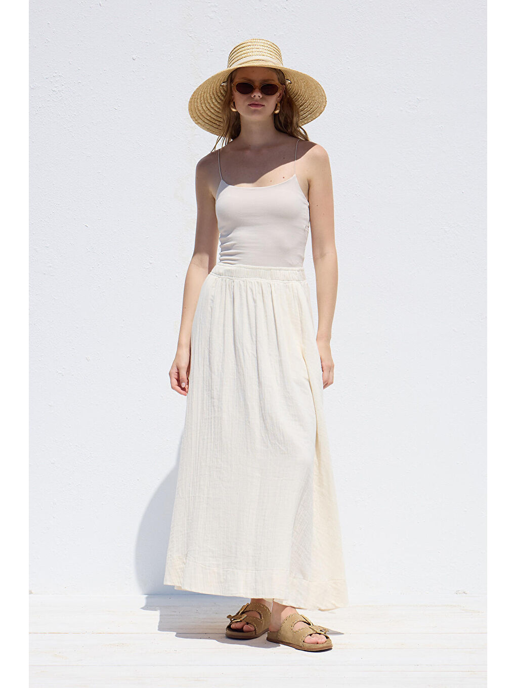 Geniş Kesim Müslin Etek Ekru-2