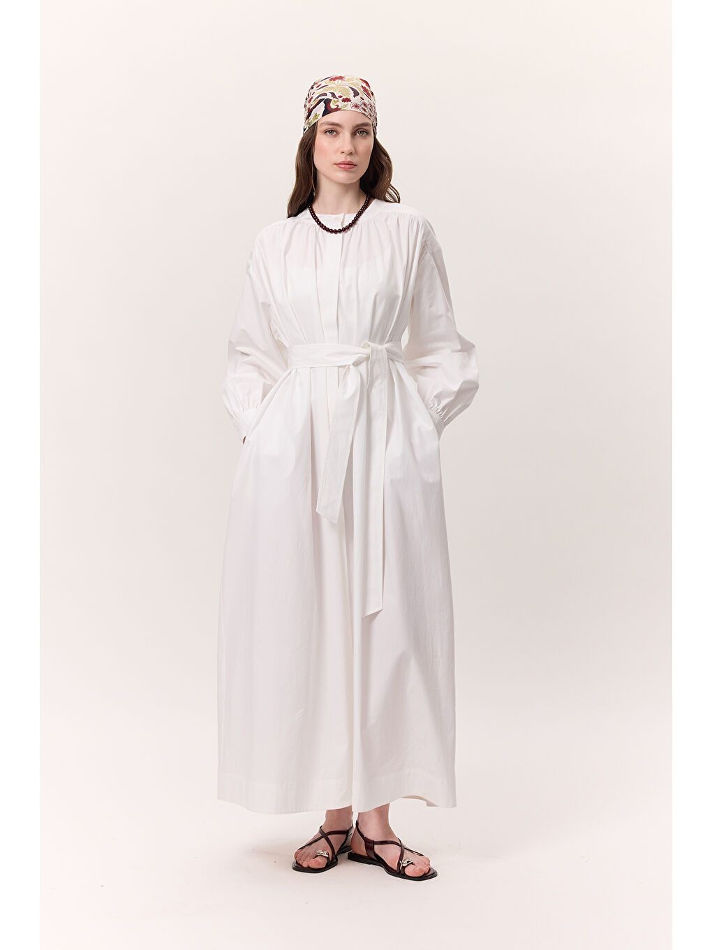 Büzgü Detaylı Geniş Gömlek Elbise Ekru-3