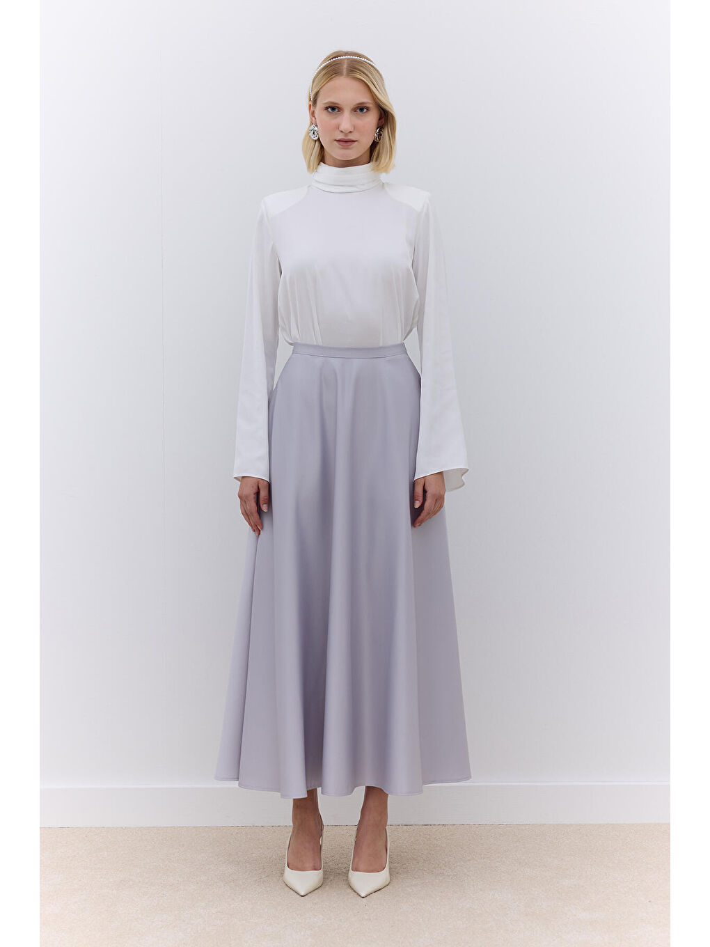 Gri Saten Kloş Abiye Etek Gümüş-1