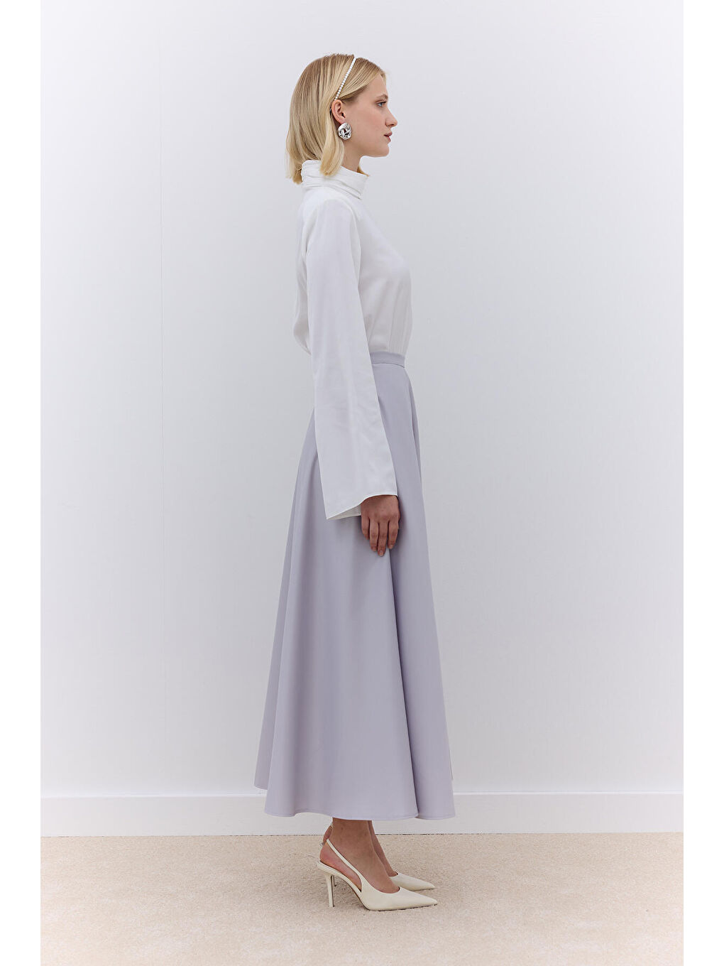 Gri Saten Kloş Abiye Etek Gümüş-2