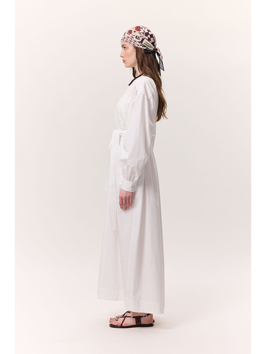 Büzgü Detaylı Geniş Gömlek Elbise Ekru-4