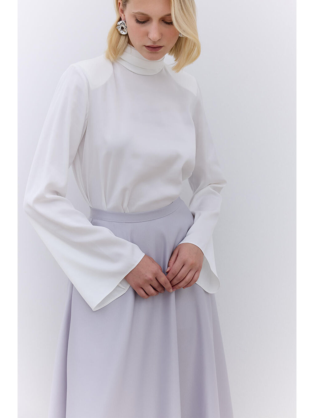 Gri Saten Kloş Abiye Etek Gümüş-3