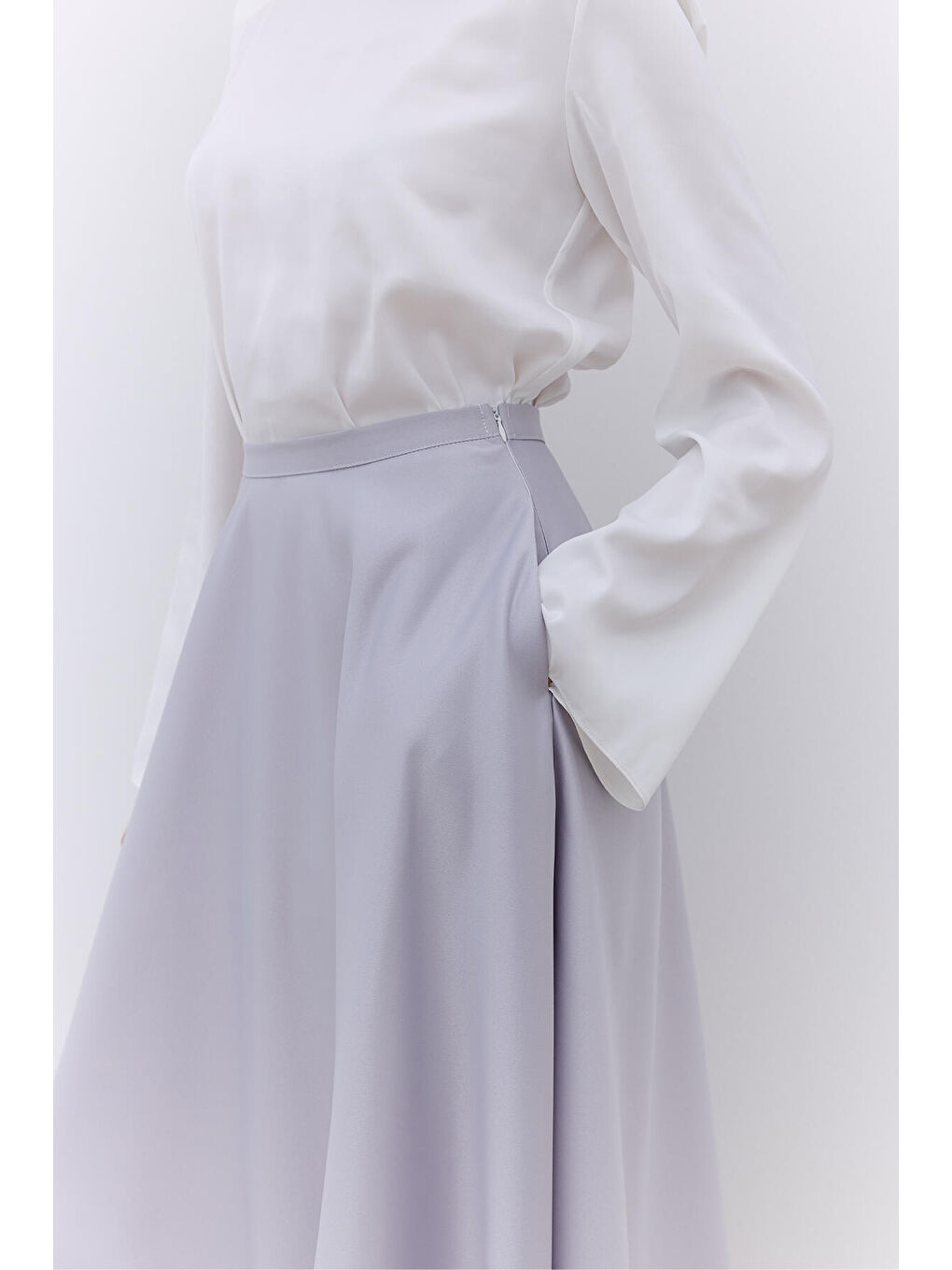 Gri Saten Kloş Abiye Etek Gümüş-4