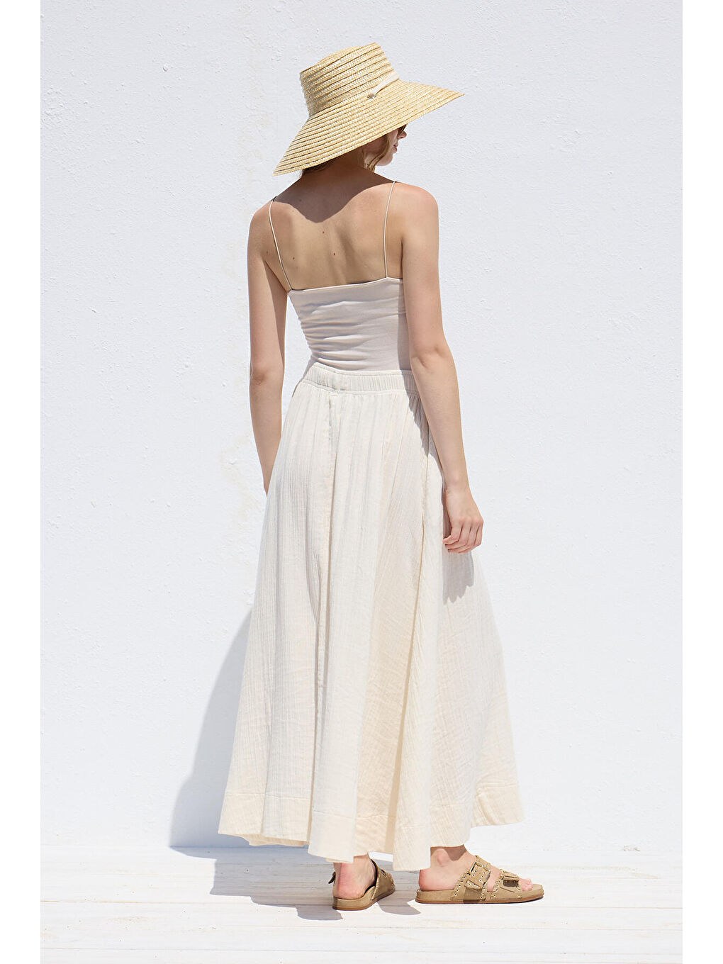 Geniş Kesim Müslin Etek Ekru-6