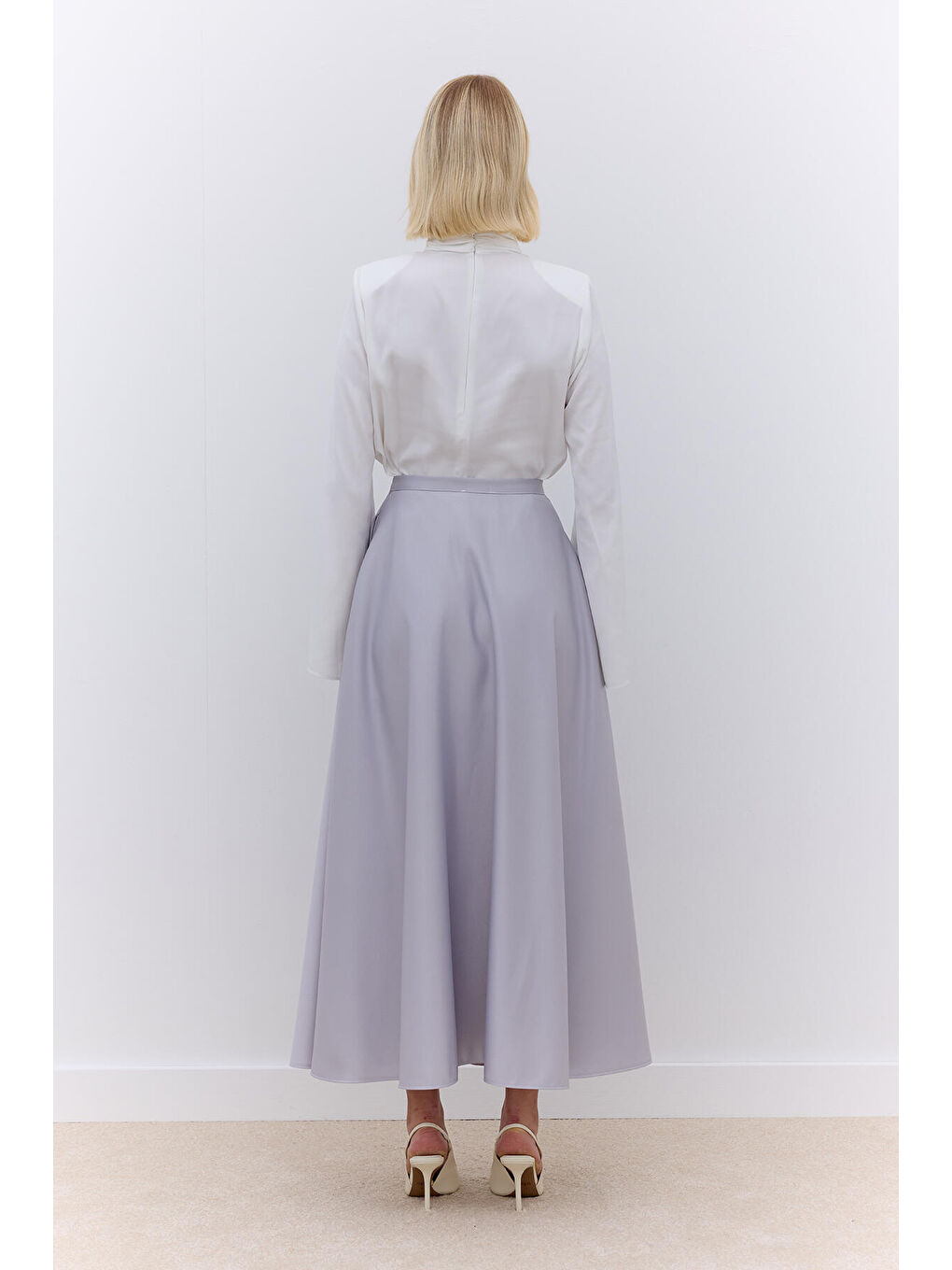 Gri Saten Kloş Abiye Etek Gümüş-5