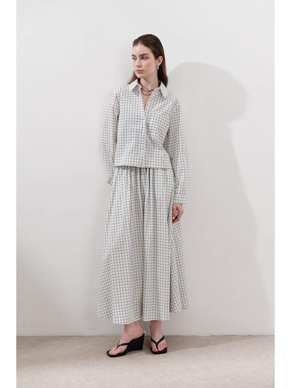 Desenli Poplin Gömlek Ekru-3