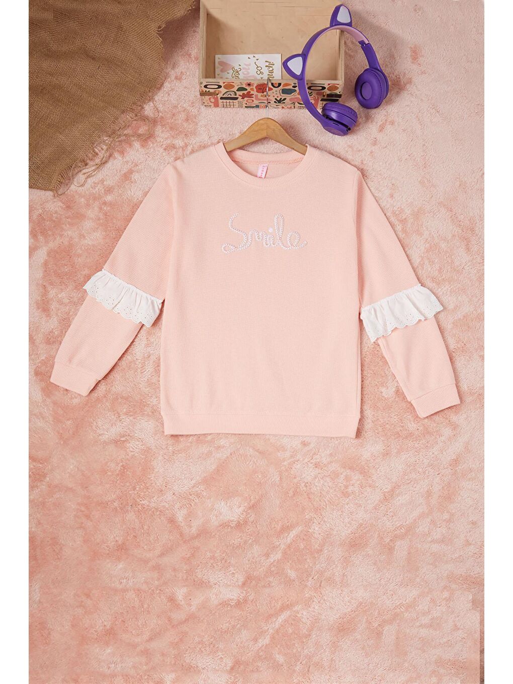 Pembe Somon Smile Nakışlı Kız Çocuk Waffle Sweatshirt 16590