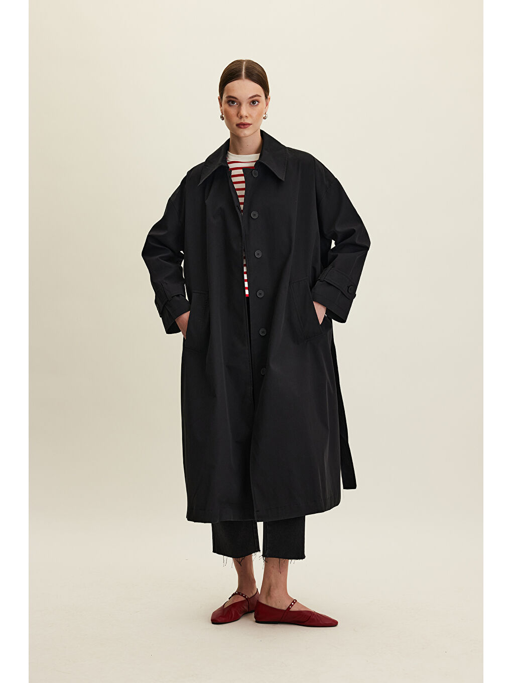 Kemerli Oversize Gabardin Trençkot Siyah
