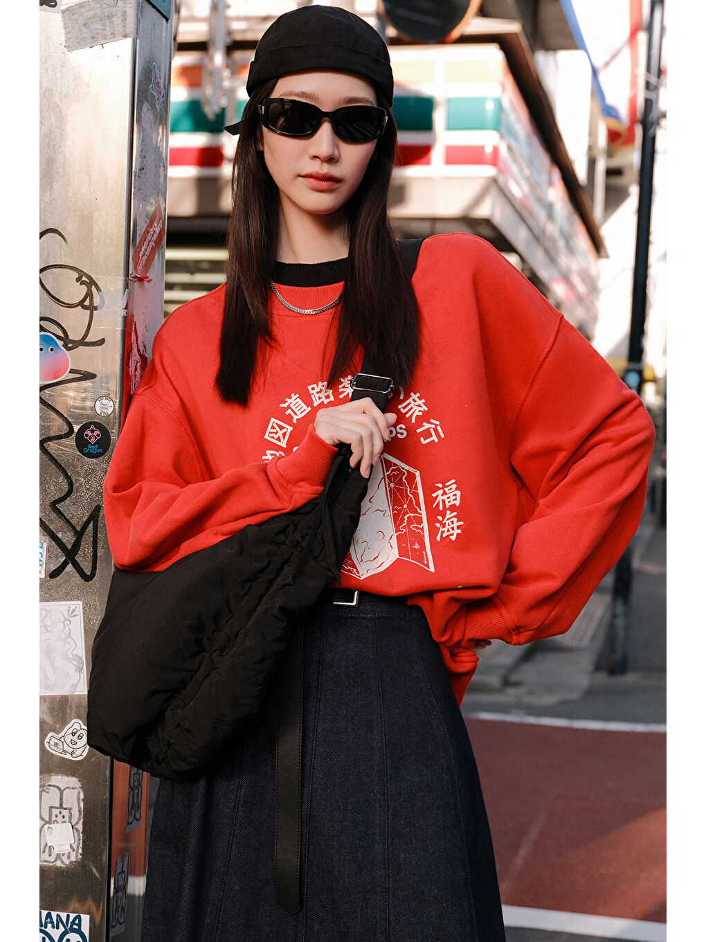 Baskı Detaylı Oversize Sweatshırt Kırmızı