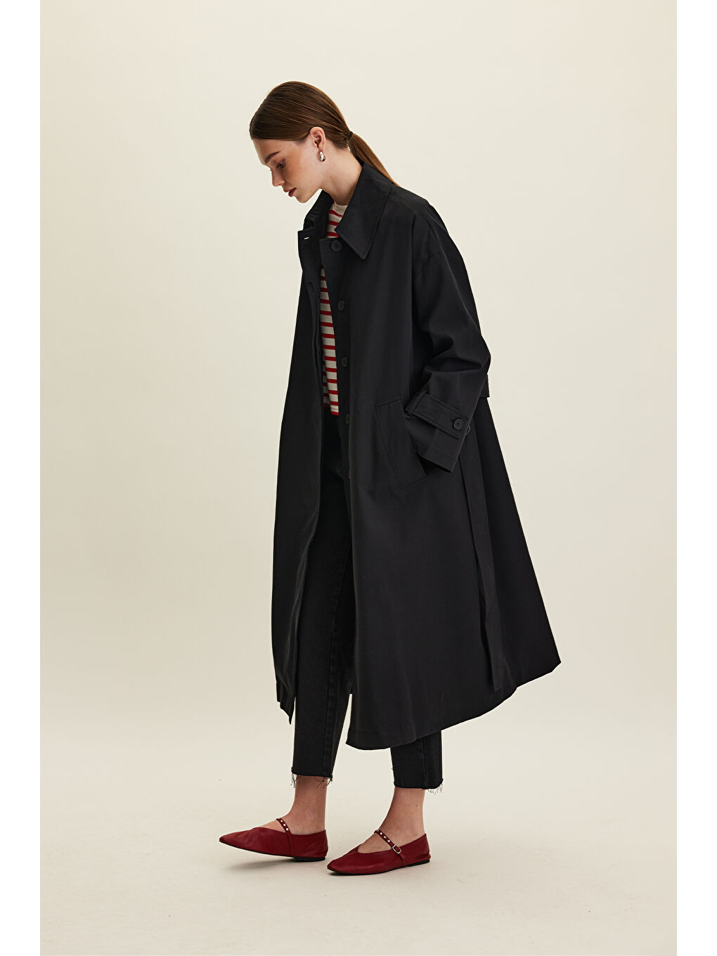 Kemerli Oversize Gabardin Trençkot Siyah-1