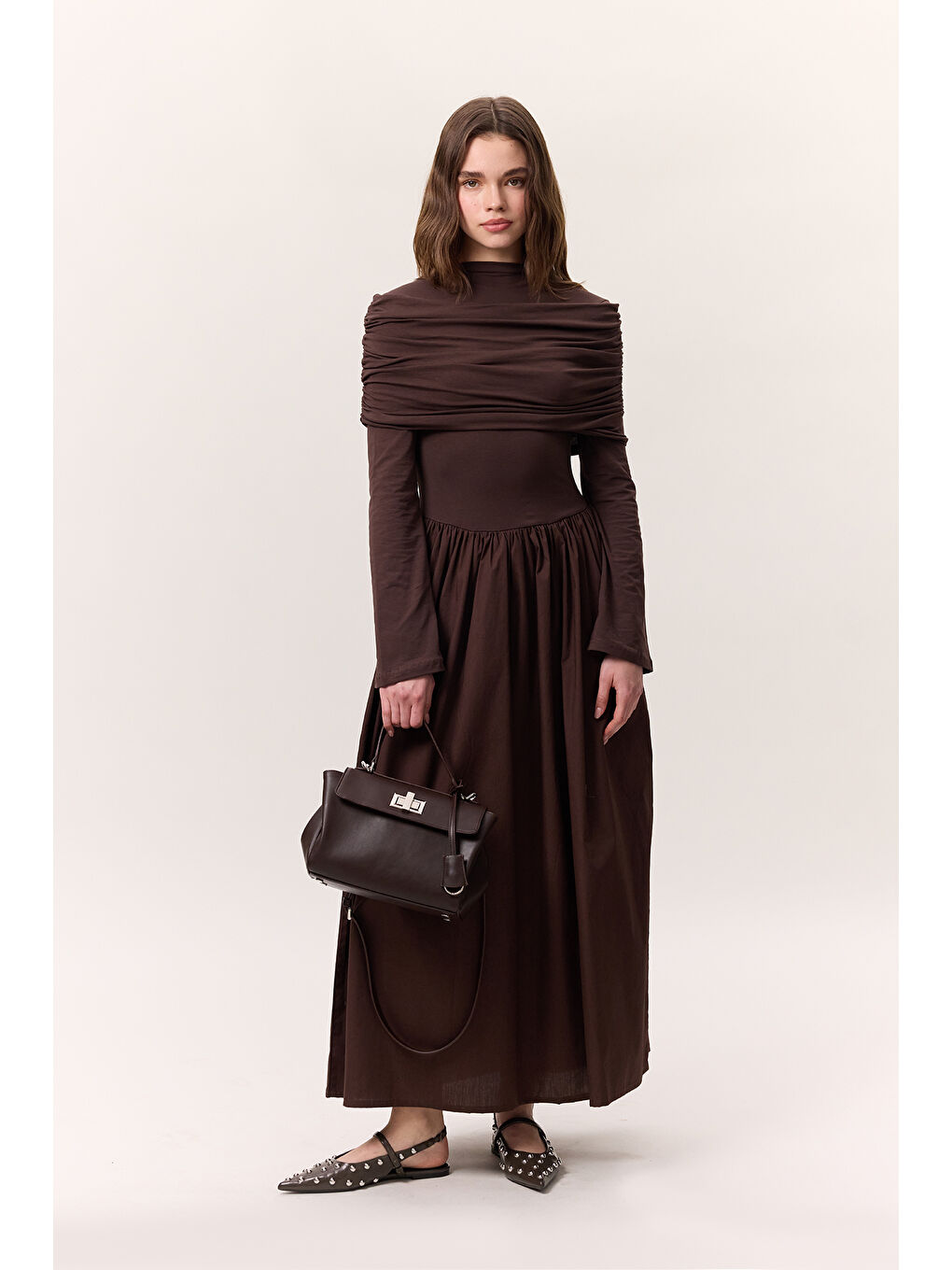 Geniş Etekli Uzun Elbise Kahverengi