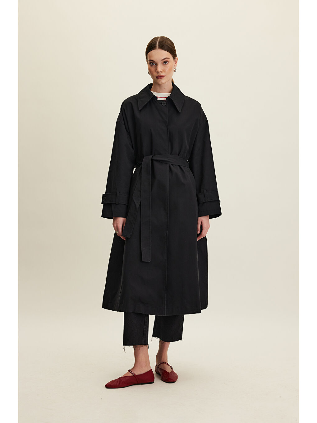 Kemerli Oversize Gabardin Trençkot Siyah-3