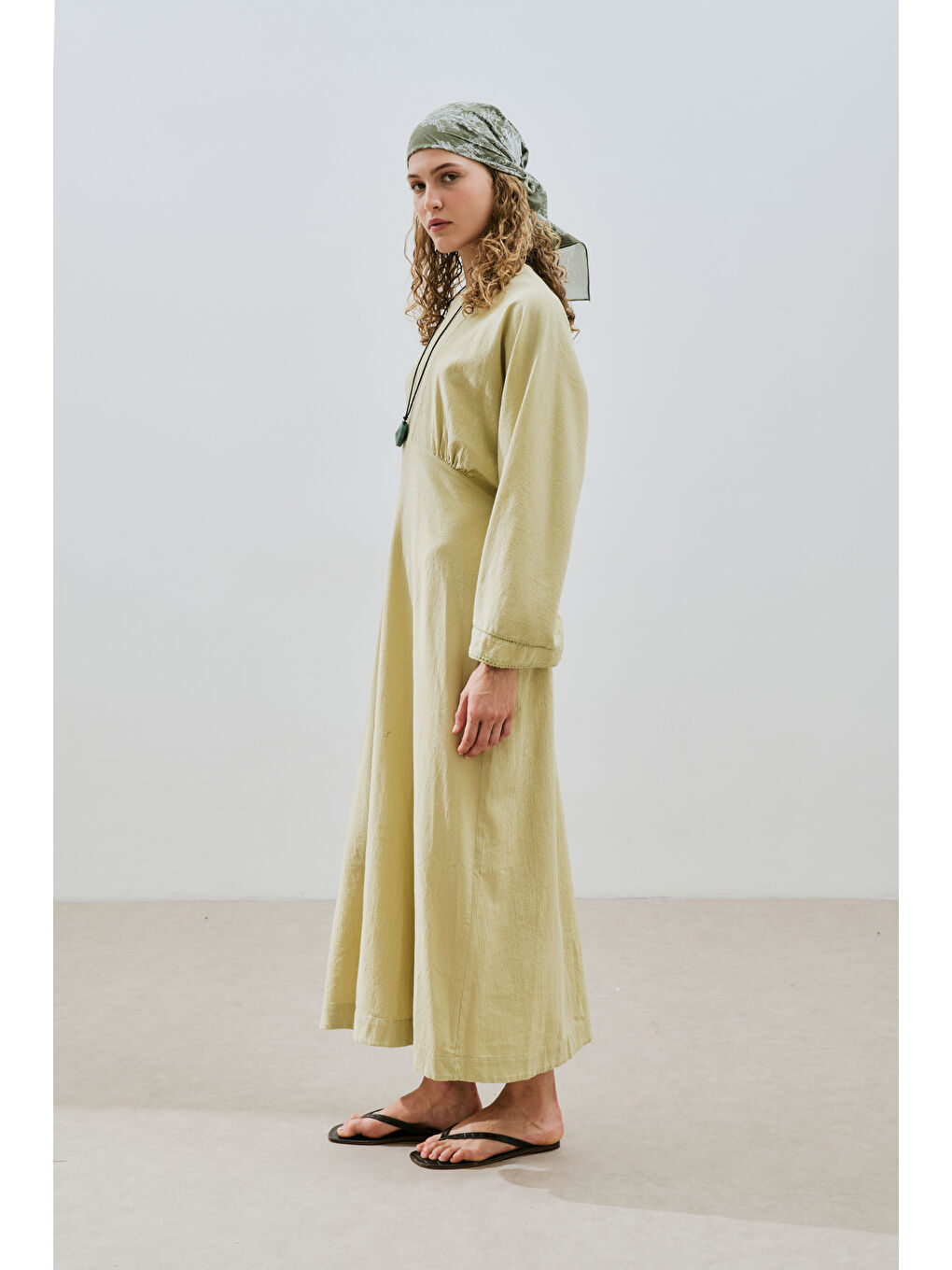 Dokulu Şerit Detaylı Elbise Soft Yeşil-4