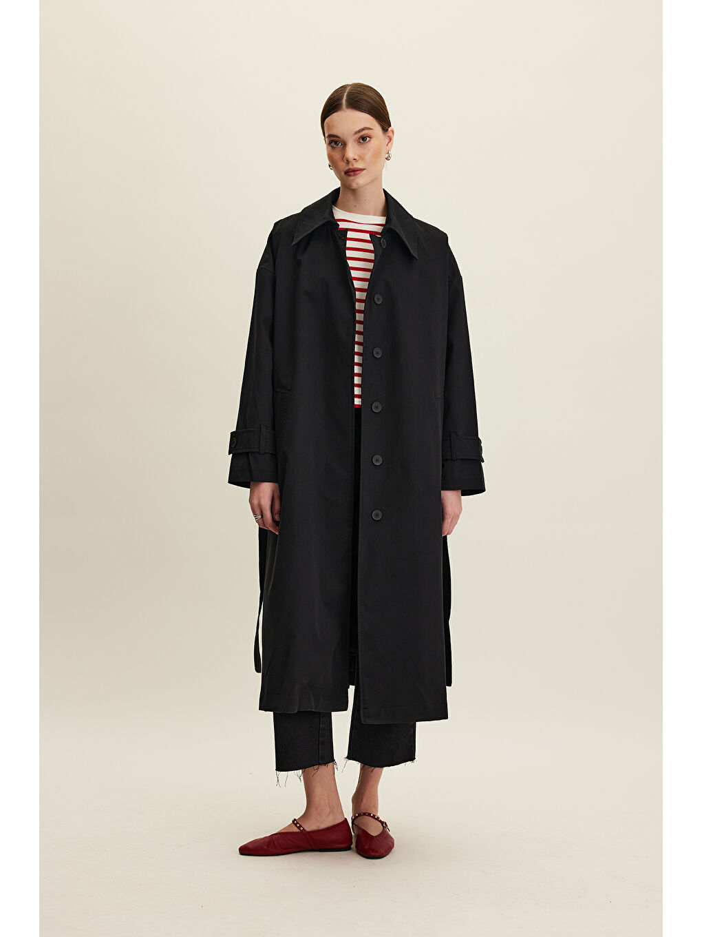 Kemerli Oversize Gabardin Trençkot Siyah-4