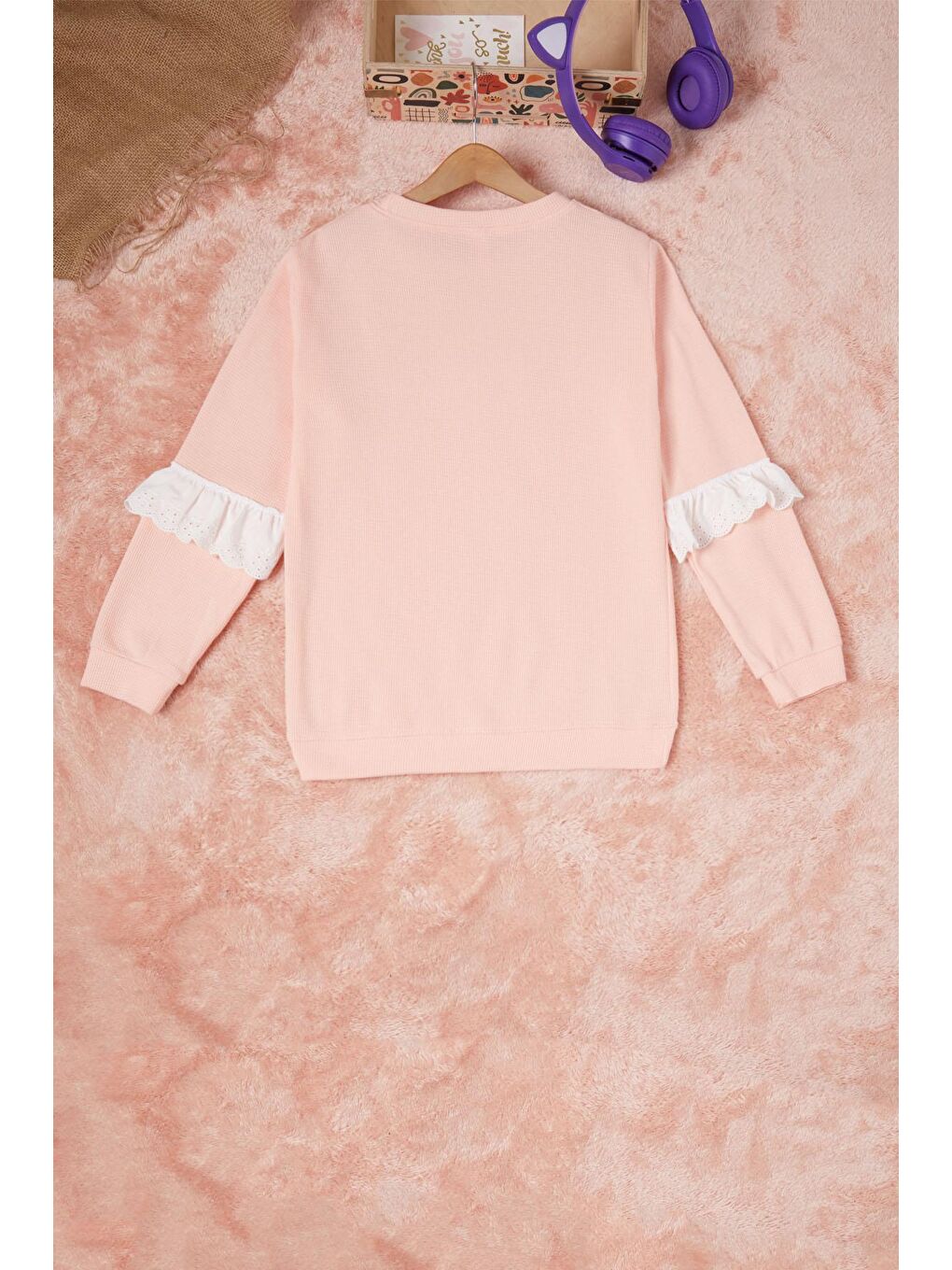 Pembe Somon Smile Nakışlı Kız Çocuk Waffle Sweatshirt 16590-4