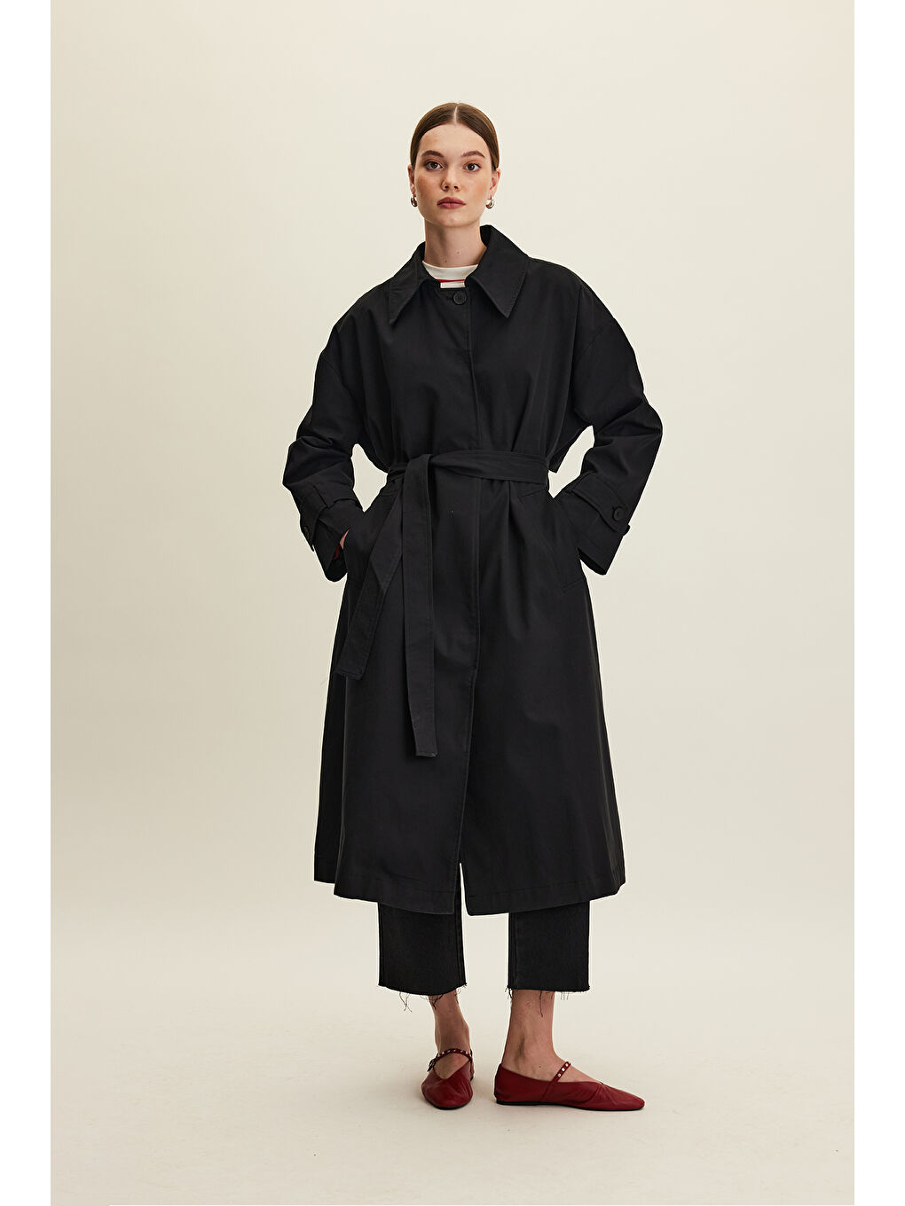Kemerli Oversize Gabardin Trençkot Siyah-5
