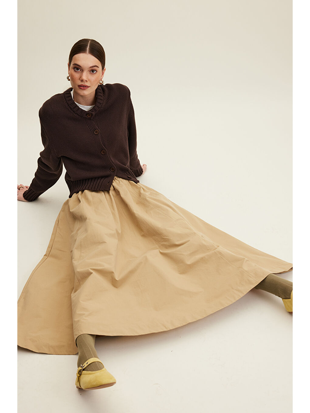 Kahverengi Katy Gabardin Büzgülü Etek Camel