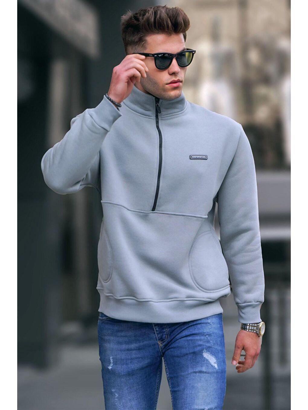 Boyalı Gri  Erkek Fermuarlı Sweatshirt Hırka 5316