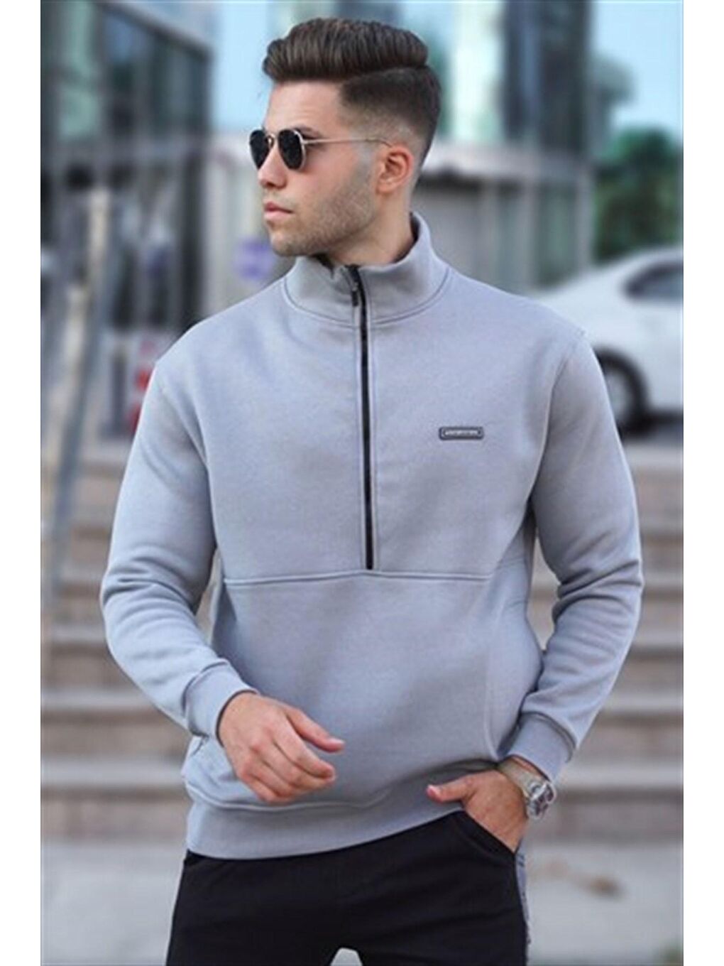 Boyalı Gri  Erkek Fermuarlı Sweatshirt Hırka 5316-1