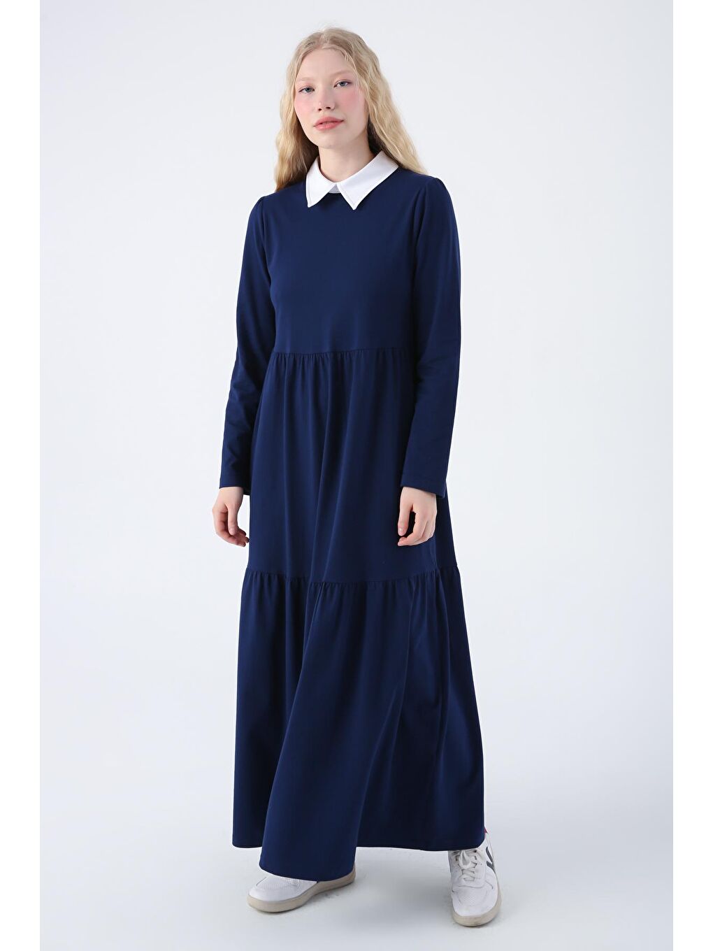 Lacivert Pamuklu Gömlek Yaka Cepli Fırfırlı Örme Elbise