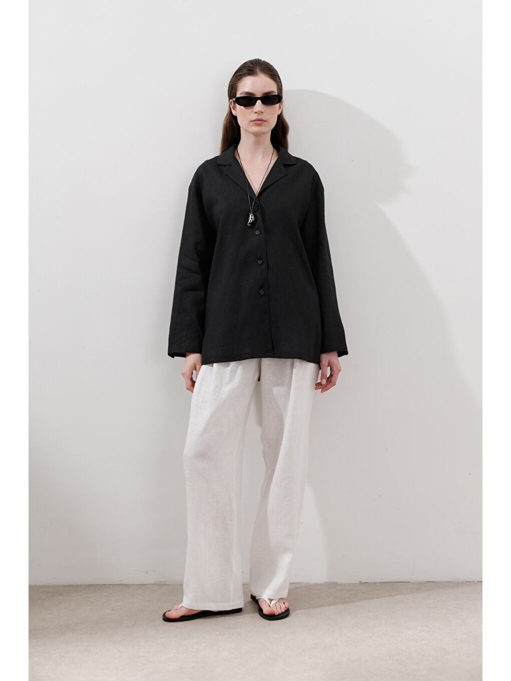 Keten Geniş Kollu Gömlek Siyah-2