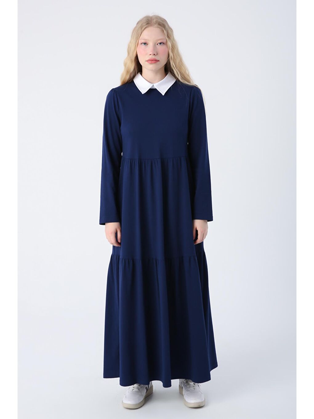 Lacivert Pamuklu Gömlek Yaka Cepli Fırfırlı Örme Elbise-1