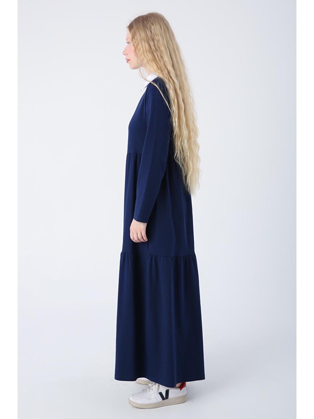 Lacivert Pamuklu Gömlek Yaka Cepli Fırfırlı Örme Elbise-2