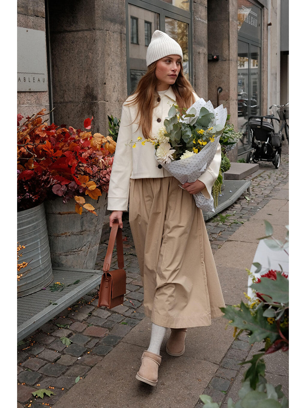 Kahverengi Katy Gabardin Büzgülü Etek Camel-1