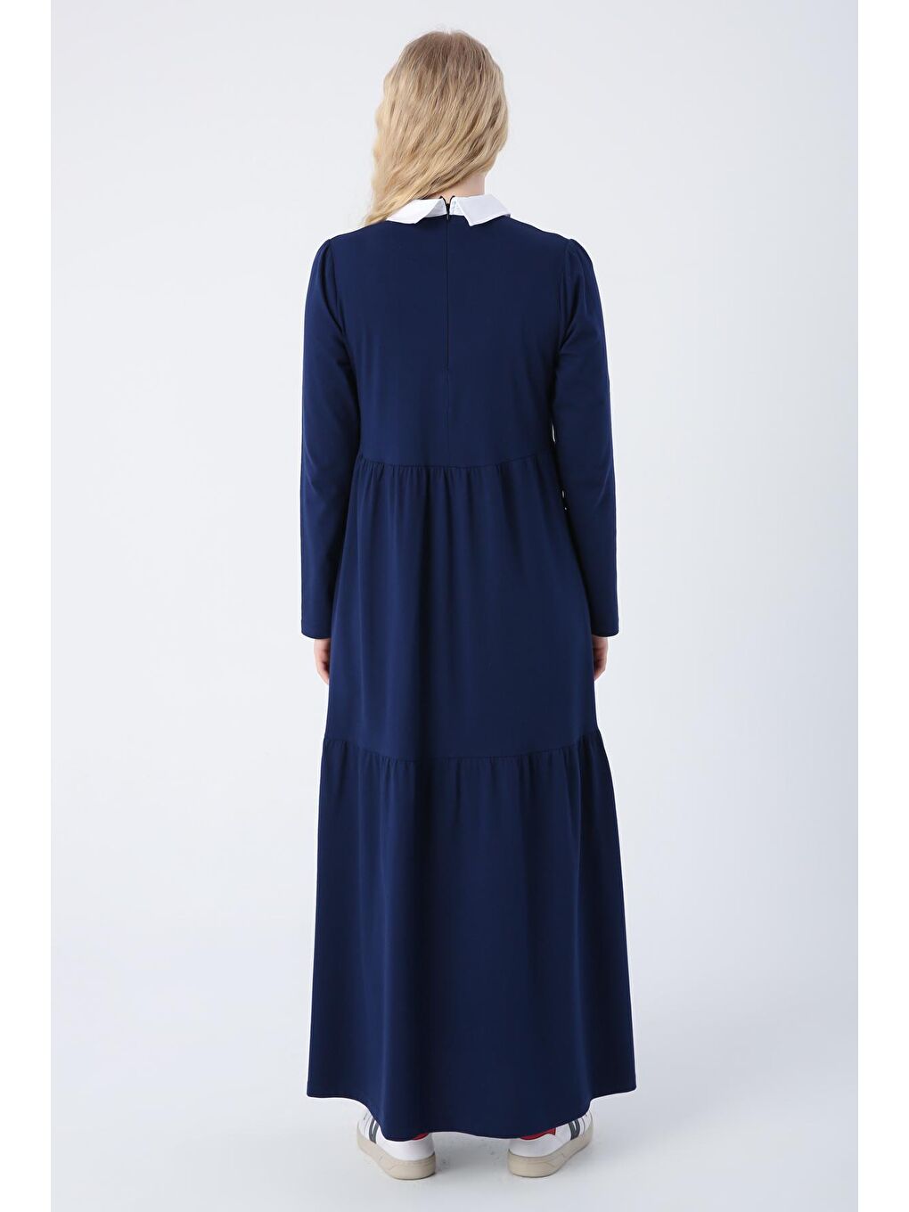 Lacivert Pamuklu Gömlek Yaka Cepli Fırfırlı Örme Elbise-3